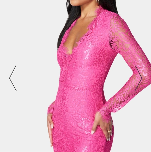 Bebe Scallop Lace Open Back Mini Stretch Dress Hot Pink NWT Medium Long Sleeve - Picture 3 of 11